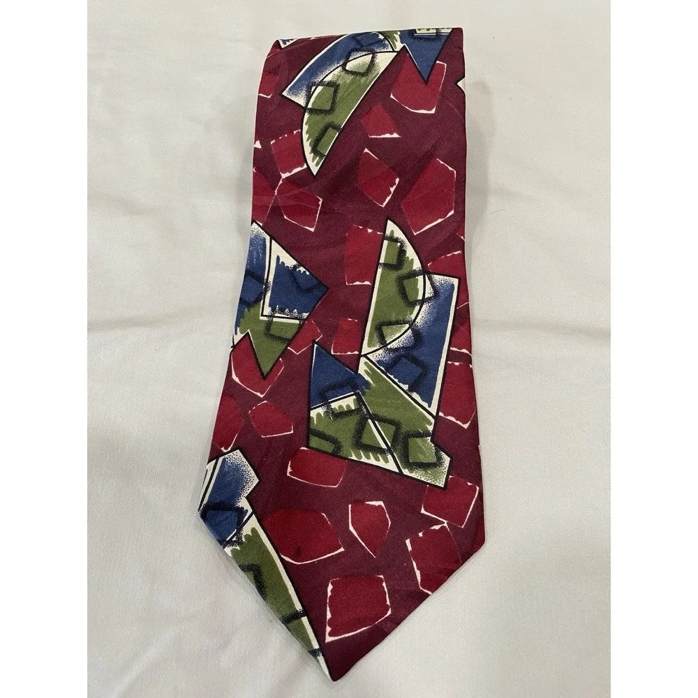 VTG Marina di Carrara Tie Abstract Burgundy Green Italian Silk 59x3 7/8